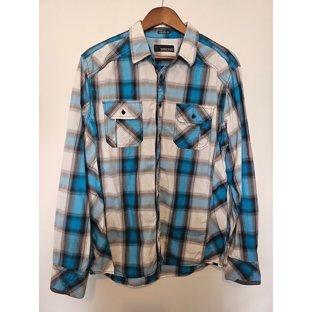Western Buckle Black Plaid Button Down Mens Large Blue Athletic Fit BB1066FPW